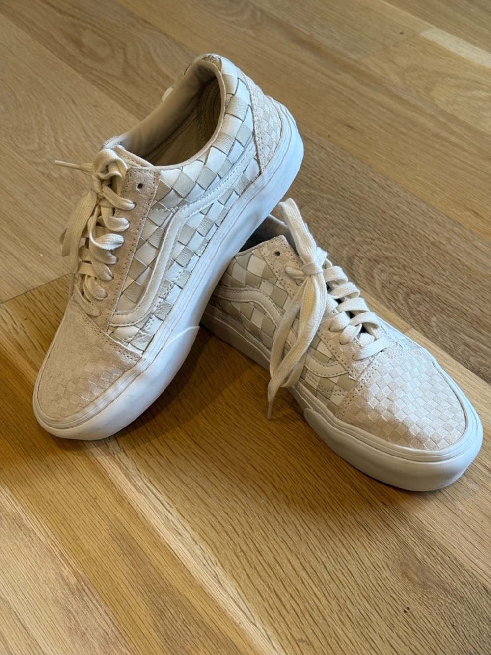 VANS Old Skool Platform Woven Low Top Ivory Leather and Suede Sneakers Size 9